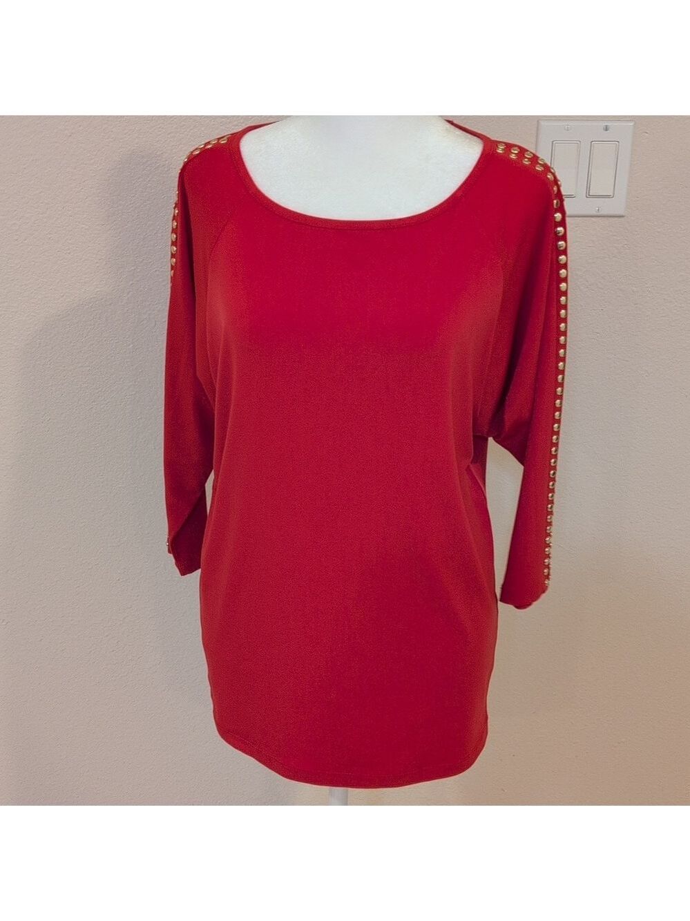 Michael Kors Blouse ,Top Red With Gold Studs,Size Small ,3/4 Sleeves.
